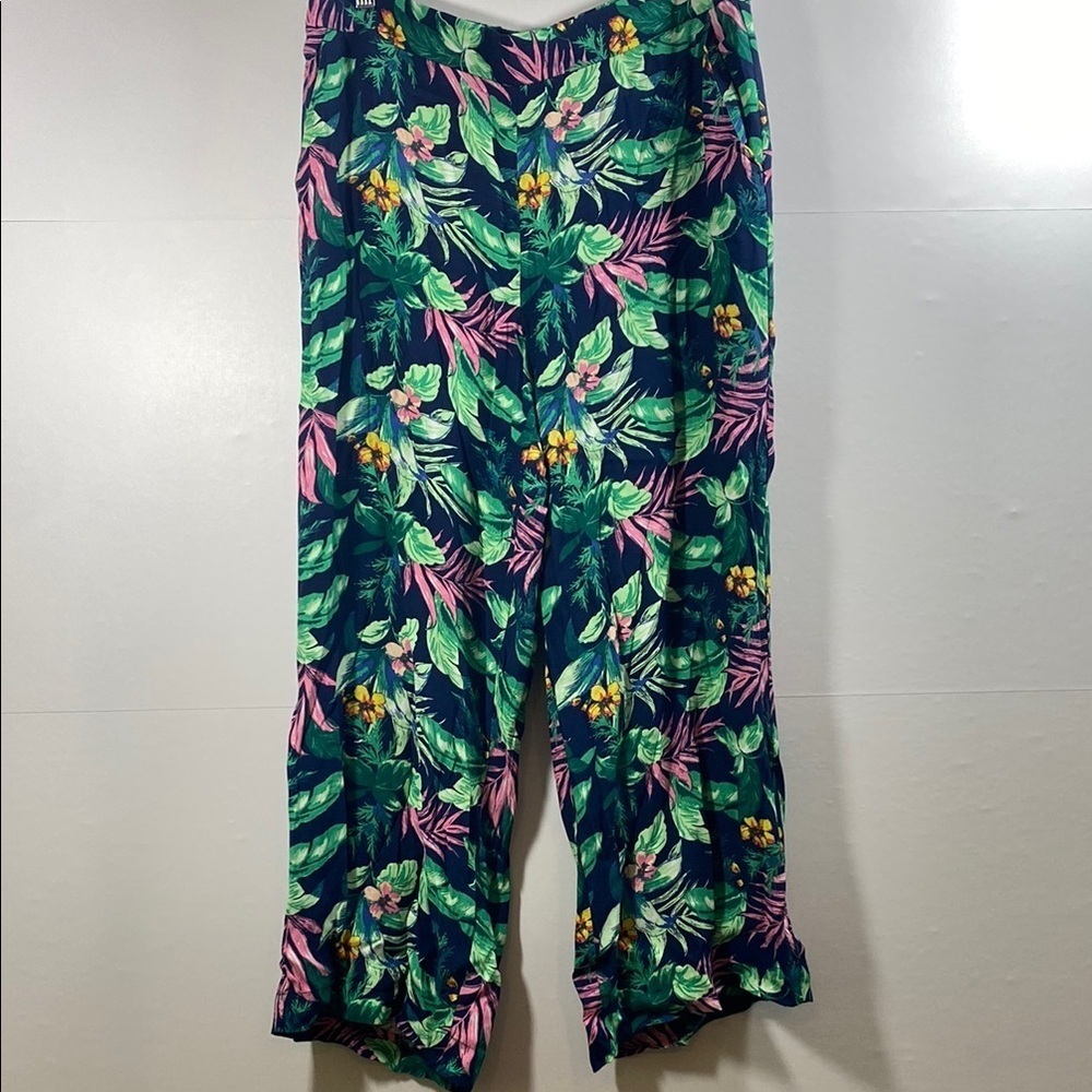 LOFT Tropical Print Wide Leg Pants - Green and Pink